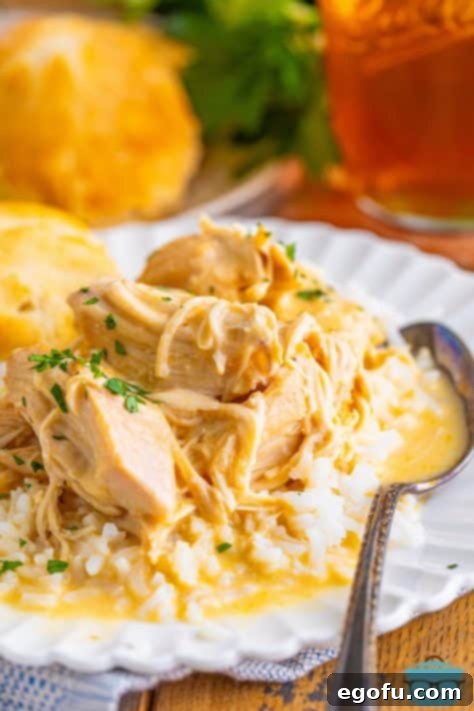A serving of Crock Pot Chicken and Gravy on a dinner plate.