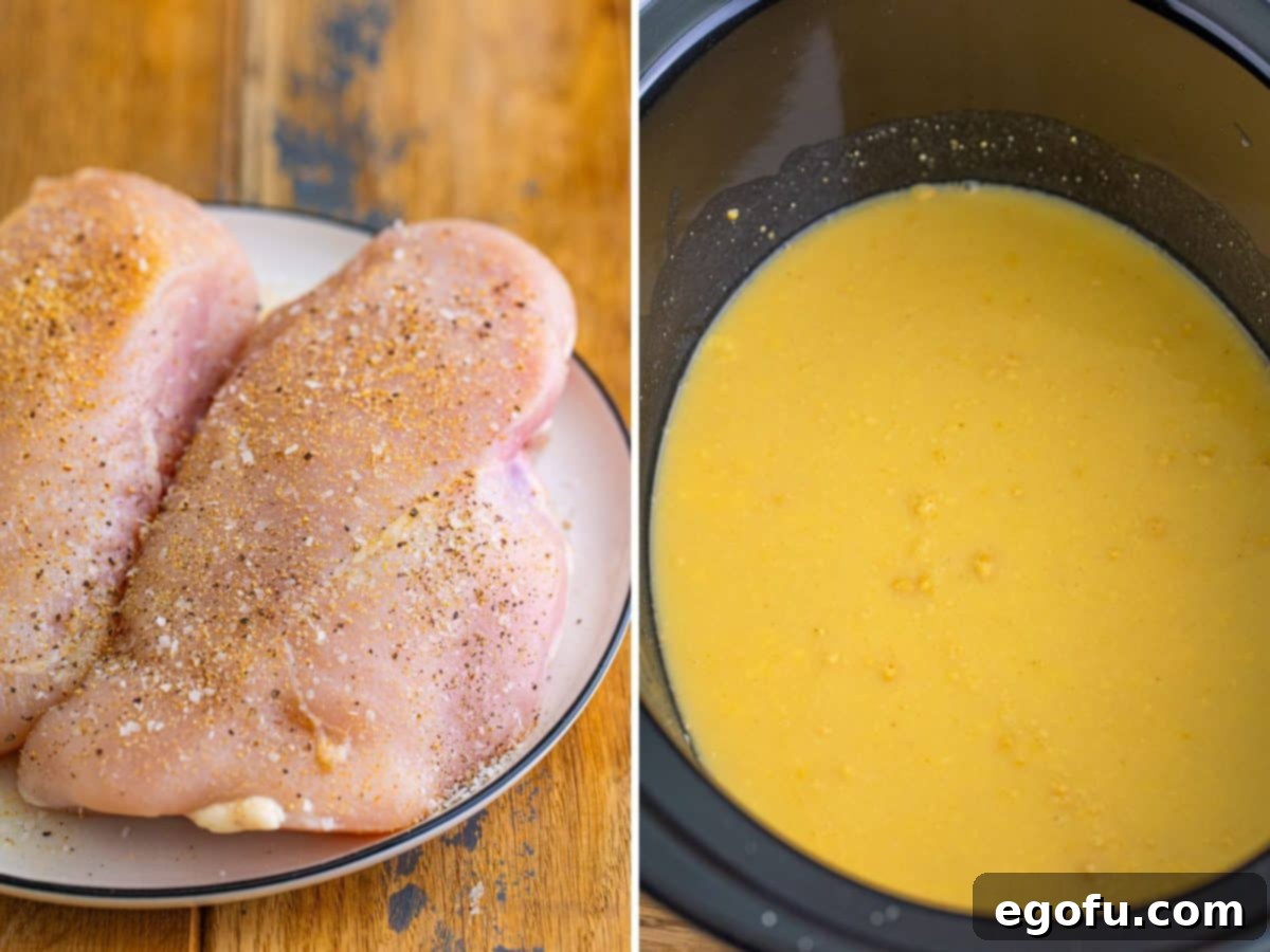 Seasoned chicken breasts on a plate next to a Crock Pot with gravy packets, cream of chicken soup, and water, ready to be whisked.