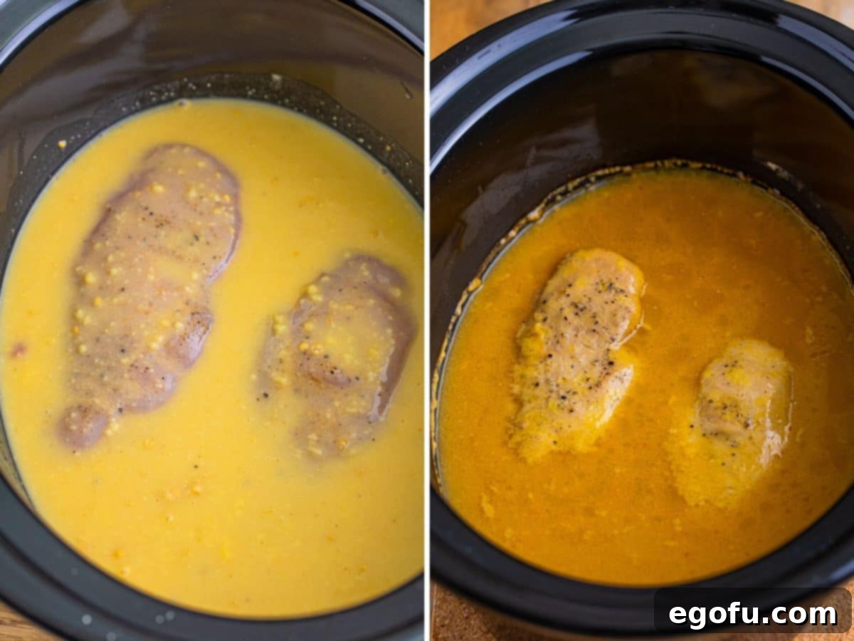 Seasoned chicken submerged in creamy gravy in a Crock Pot, followed by an image of the cooked chicken and gravy, ready for the next step.