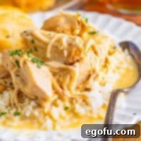 Close up looking at a serving of Crock Pot Chicken and Gravy.