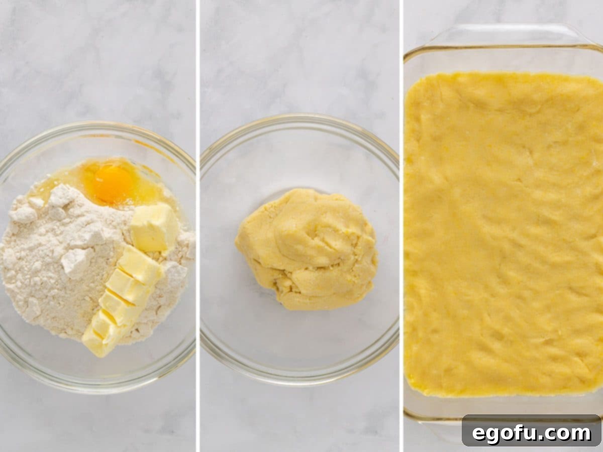 The process of making the cookie base: first, mixing sugar cookie dough, then pressing it into a 9x13 inch baking dish for the crust.
