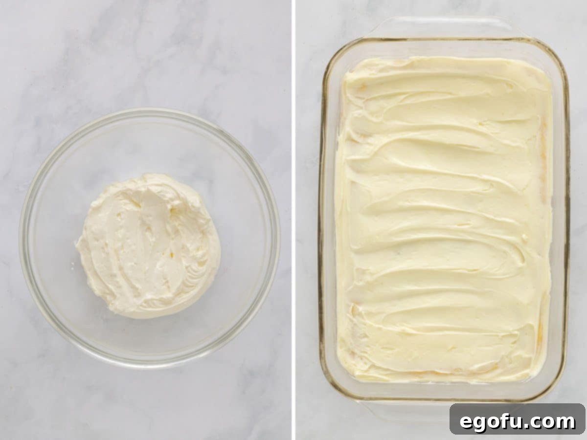 Preparation of the creamy layer: a bowl of smooth cream cheese and white chocolate mixture, followed by the mixture being evenly spread over the cooled sugar cookie crust in a baking dish.