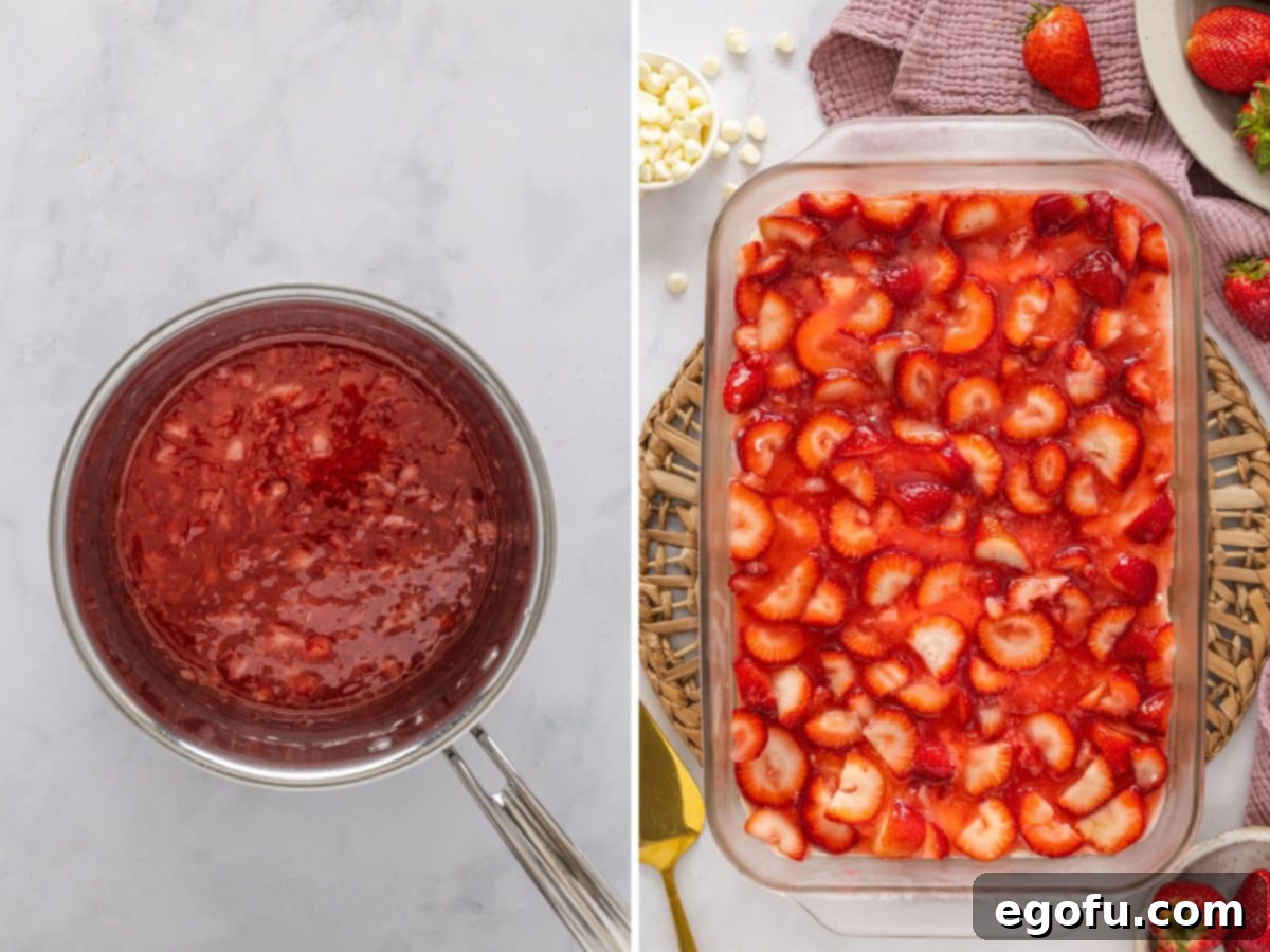 The process of making the strawberry topping: first, the simmering strawberry glaze in a pot, then the finished strawberry mixture spread over the creamy dessert layer.