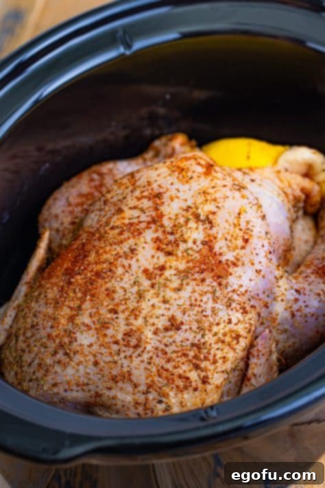 Seasoned breast side up in a Slow Cooker.