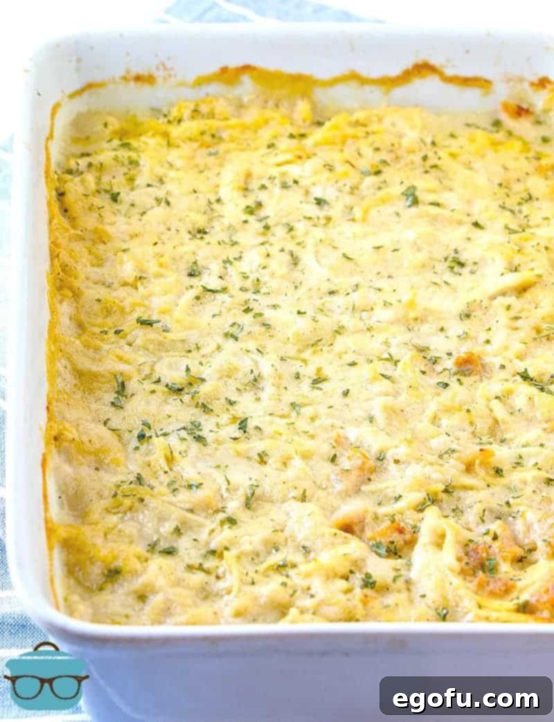 fully cooked chicken and dumplings casserole in a white baking dish topped wih chopped parsley.