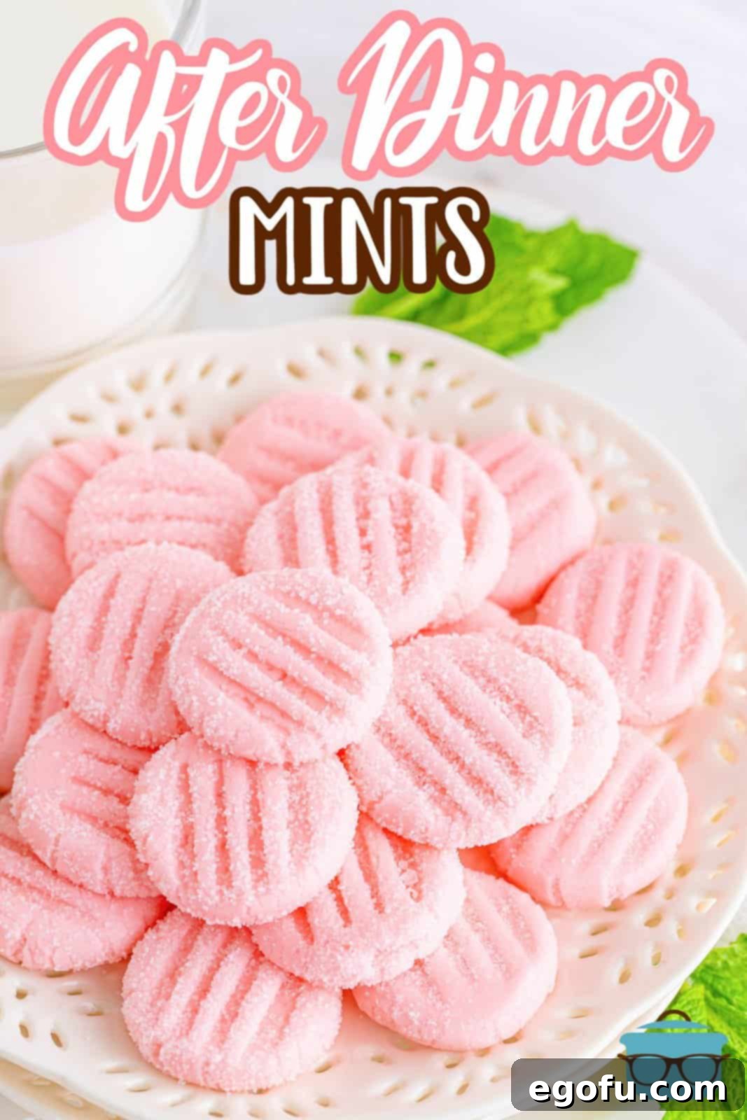 Refreshing Finales 3 A short stack of beautiful, homemade after-dinner mints, perfectly shaped and sugar-coated, displayed on a small round white decorative plate.