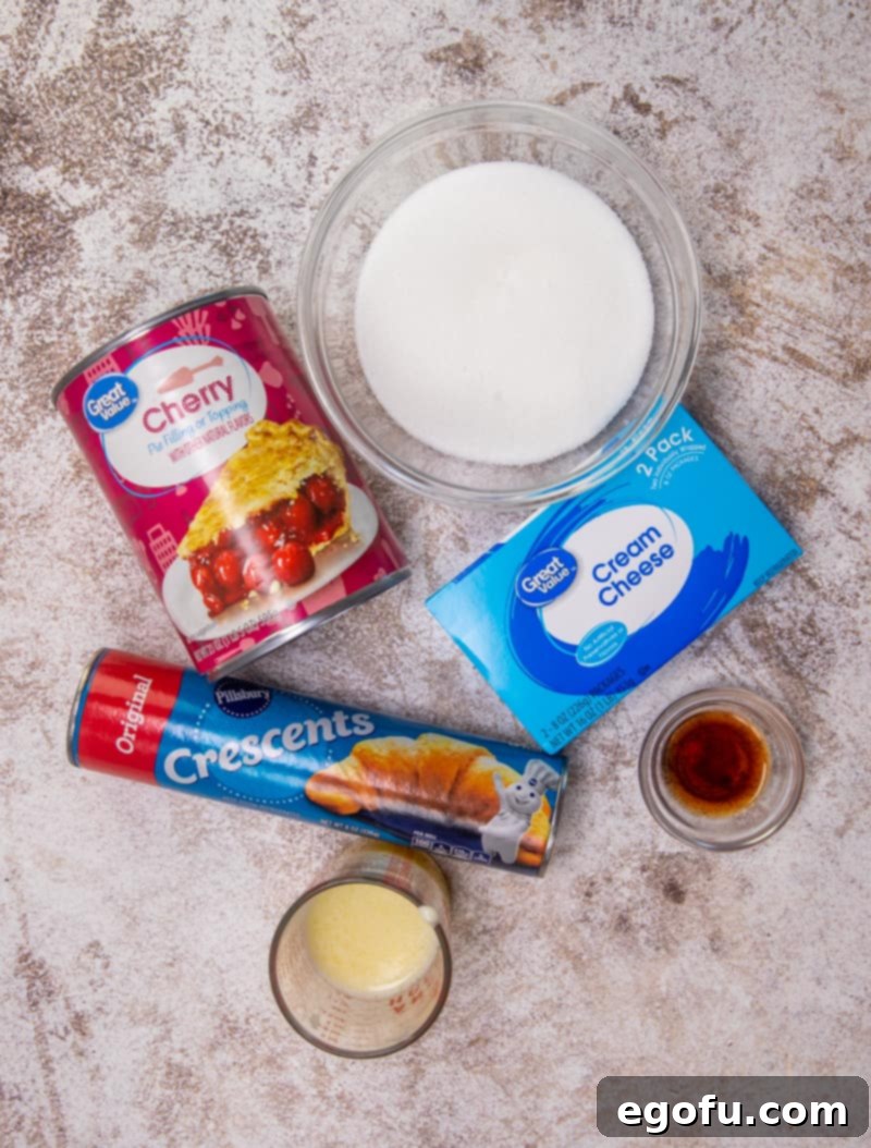 crescent rolls, cream cheese, sugar, vanilla extract, cherry pie filling, butter.