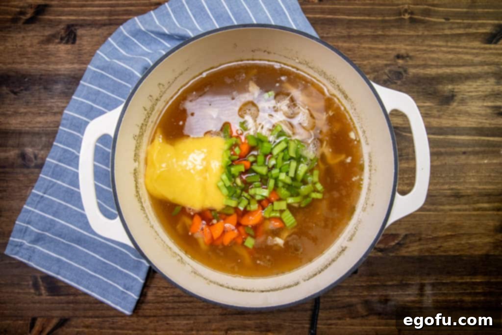 Chicken noodle soup with diced carrots, diced celery, and shredded chicken added to the chicken stock in a large pot, with cream of chicken soup just added.