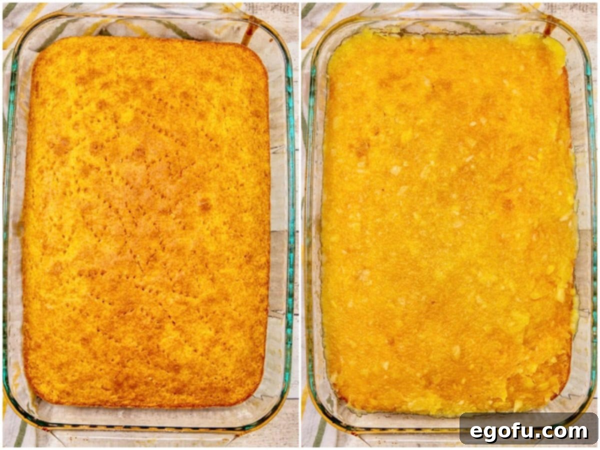 collage of two photos: a baked cake with holes poked into it; pineapple sugar mixture spread on top of cake. 