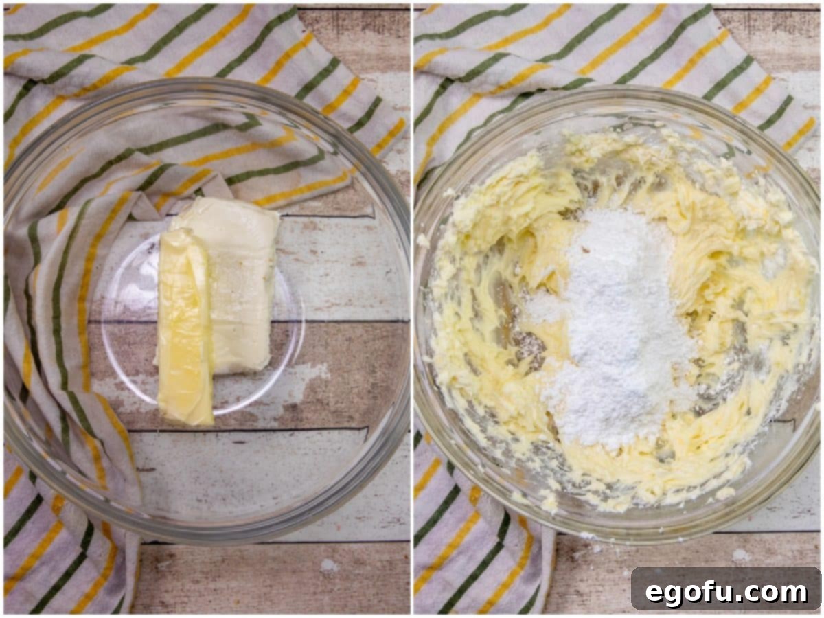 college of two photos: butter and cream cheese shown in a bowl; powdered sugar added to butter and cream cheese mixture. 
