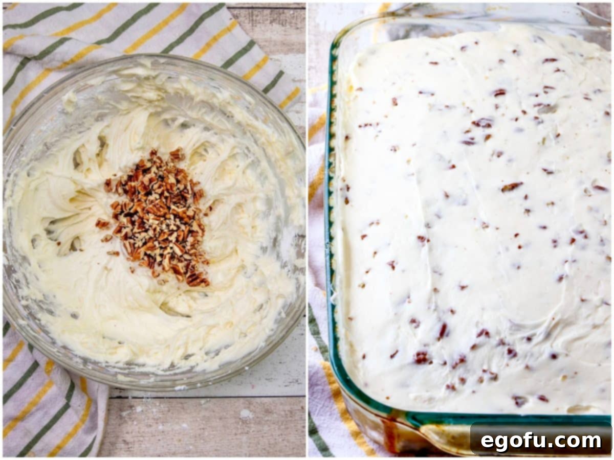 collage of two photos: chopped pecans added to cream cheese frosting; frosting spread on top of cake.