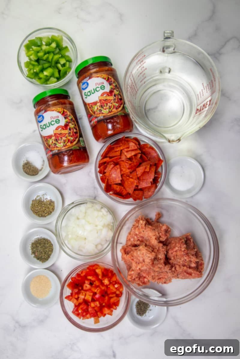 Italian sausage, onion, green pepper, water, pizza sauce, pepperoni, tomatoes, Italian seasoning, garlic powder, basil, rosemary.