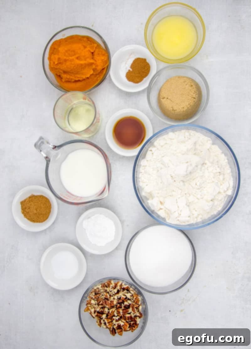 A display of key ingredients for Pumpkin Pie Coffee Cake, including pumpkin puree, sugar, spices, flour, butter, and pecans.
