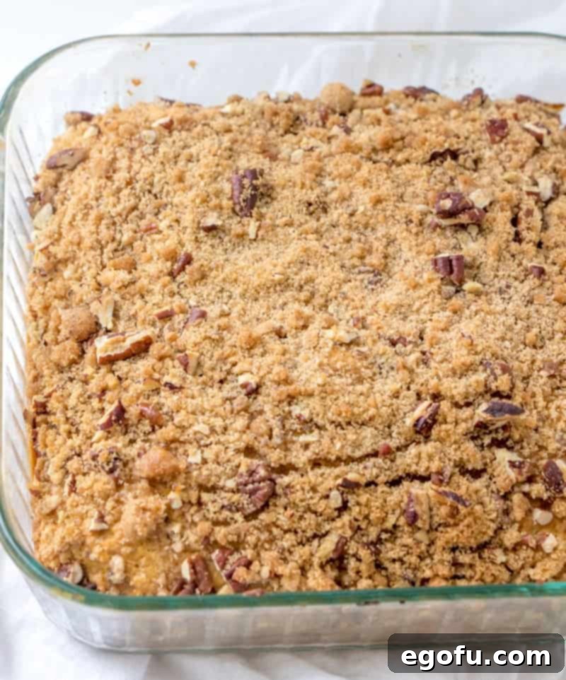 Freshly baked Pumpkin Pie Coffee Cake in a glass 8x8 baking dish, golden brown with a rich streusel topping.