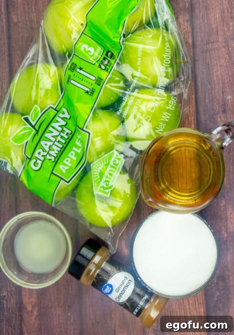 A collection of ingredients for Crock Pot Applesauce: fresh apples, cinnamon, lemon juice, apple cider, and sugar.