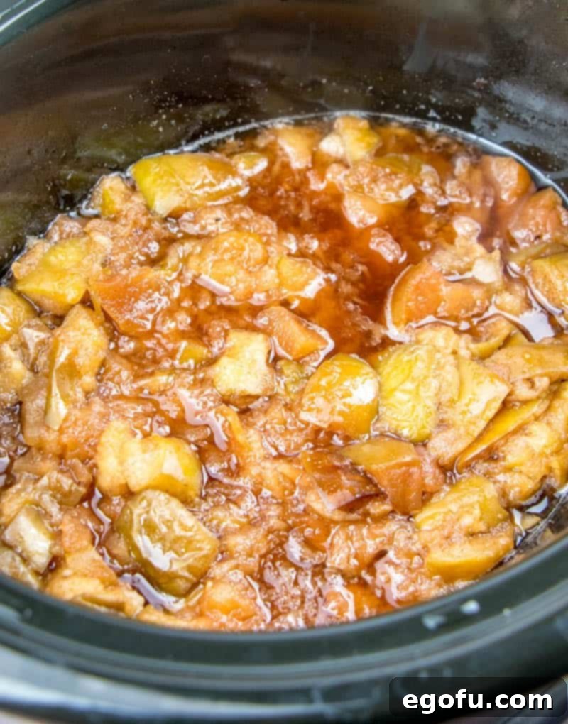 Cooked apples with cinnamon and sugar resting in a crock pot, ready to be stirred into applesauce.