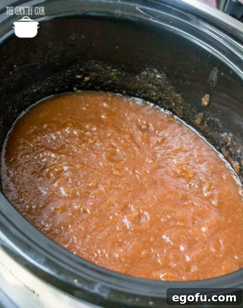 Finished, perfectly cooked crock pot applesauce, garnished with cinnamon.