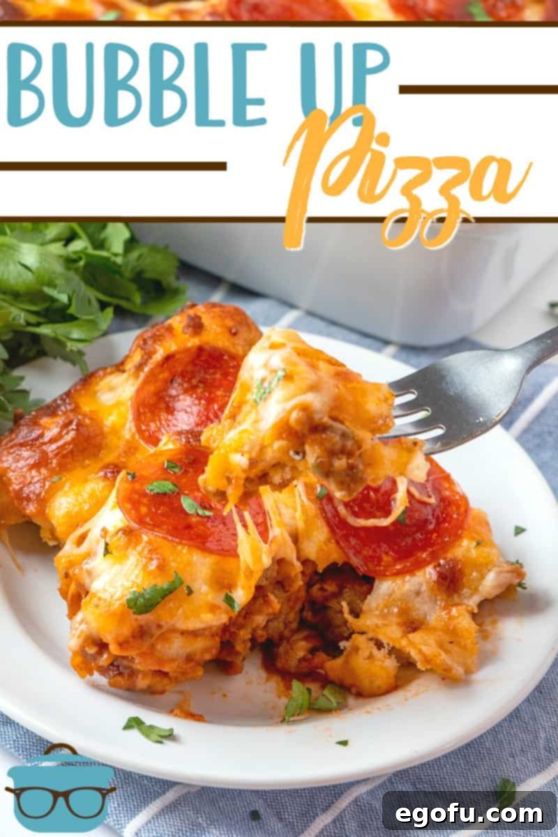 Puffy Pizza Bake 3 Easy Bubble Up Pizza (Pizza Biscuit Casserole) recipe from The Country Cook. Serving of bubble up pizza shown on a small white plate with a fork.