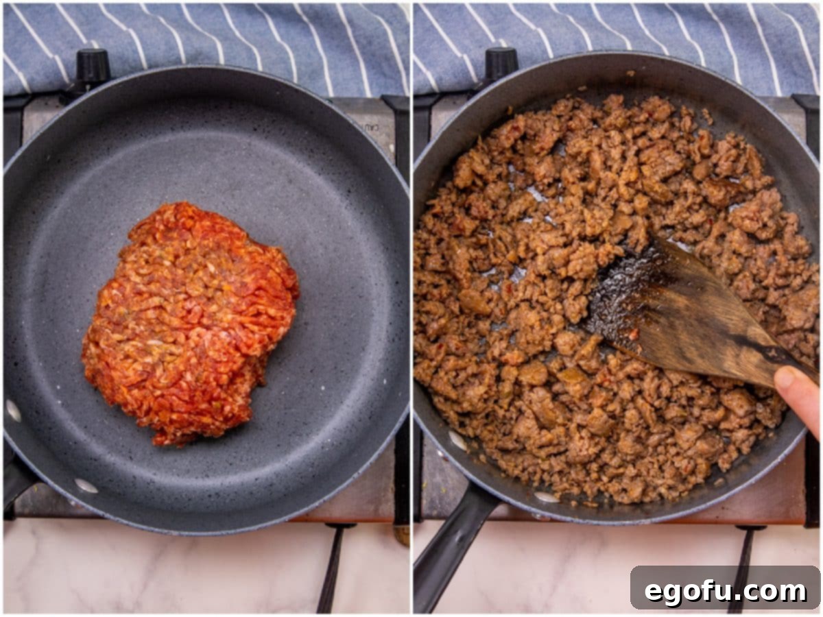 Puffy Pizza Bake 5 collage of two photos: Italian sausage, uncooked, in a skillet; cooked and crumbled sausage in a skillet.