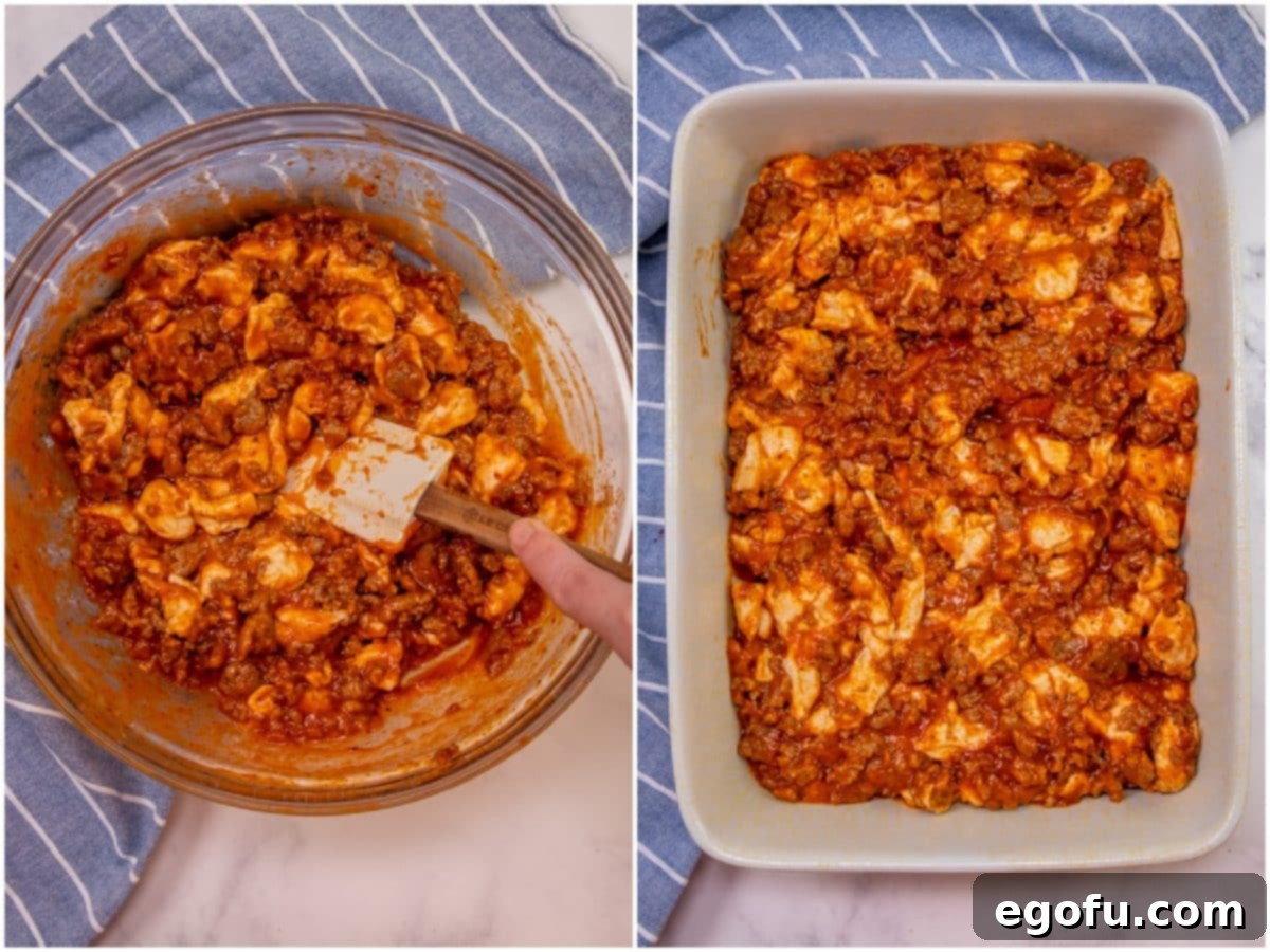 Puffy Pizza Bake 6 biscuit, sausage and sauce mixed together in a bowl; biscuit mix spread into casserole dish.