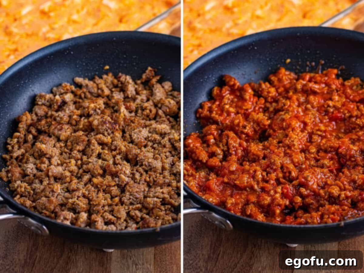 Cooked Italian sausage is shown in a pan, and then mixed with rich spaghetti sauce, creating a savory meat sauce for the lasagna.