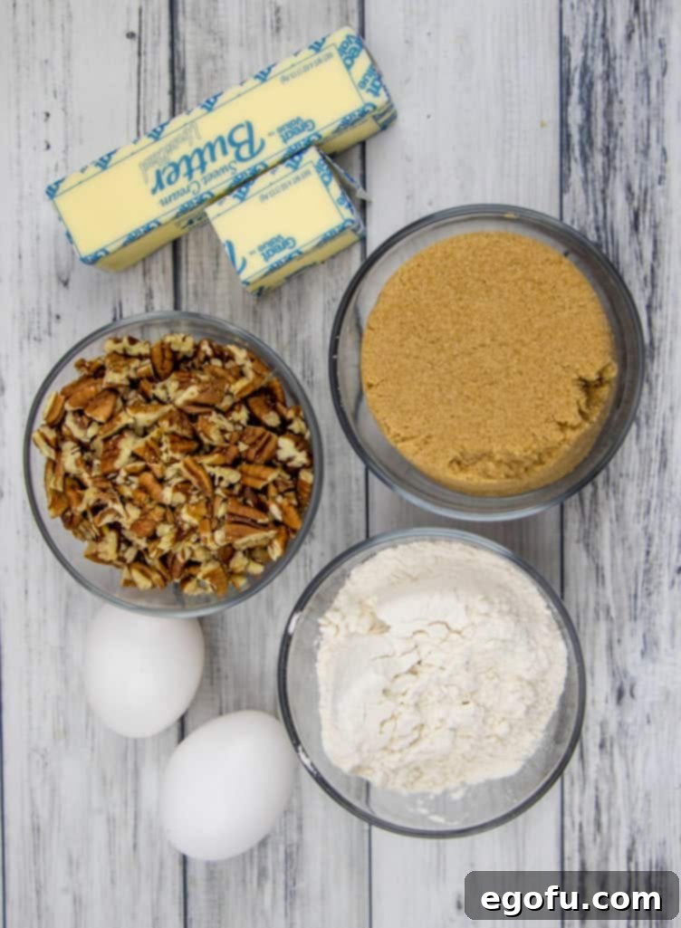 ingredients needed: pecans, brown sugar, self rising flour, eggs, butter.