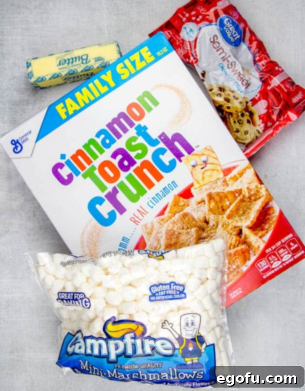 Ingredients: butter, mini marshmallows, Cinnamon Toast Crunch (or Golden Grahams), semi-sweet chocolate chips