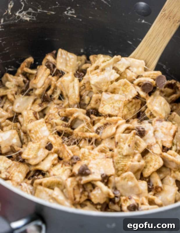 Chocolate chips added to Cinnamon Toast Crunch cereal mixture, being stirred