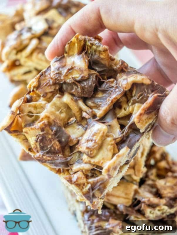 A single slice of No Bake Gooey S'mores Treats, showcasing the gooey texture