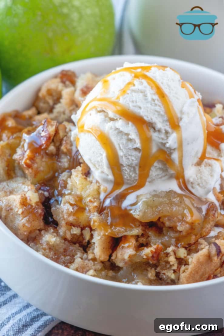 Delicious Apple Cinnamon Muffin Mix Apple Cobbler in a white bowl, topped with vanilla ice cream and a salted caramel drizzle, ready to be enjoyed.