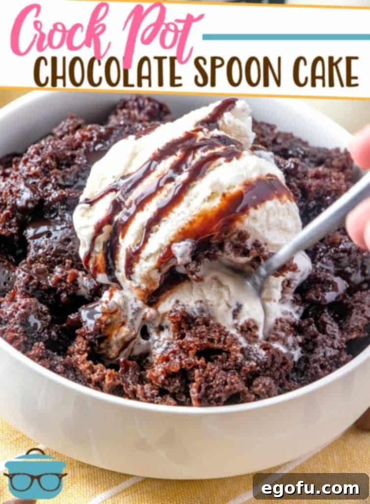 Decadent Slow Cooker Chocolate Pudding Cake 3 A delicious Crock Pot Chocolate Spoon Cake serving, presented in a white bowl with a spoon, generously topped with creamy vanilla ice cream.