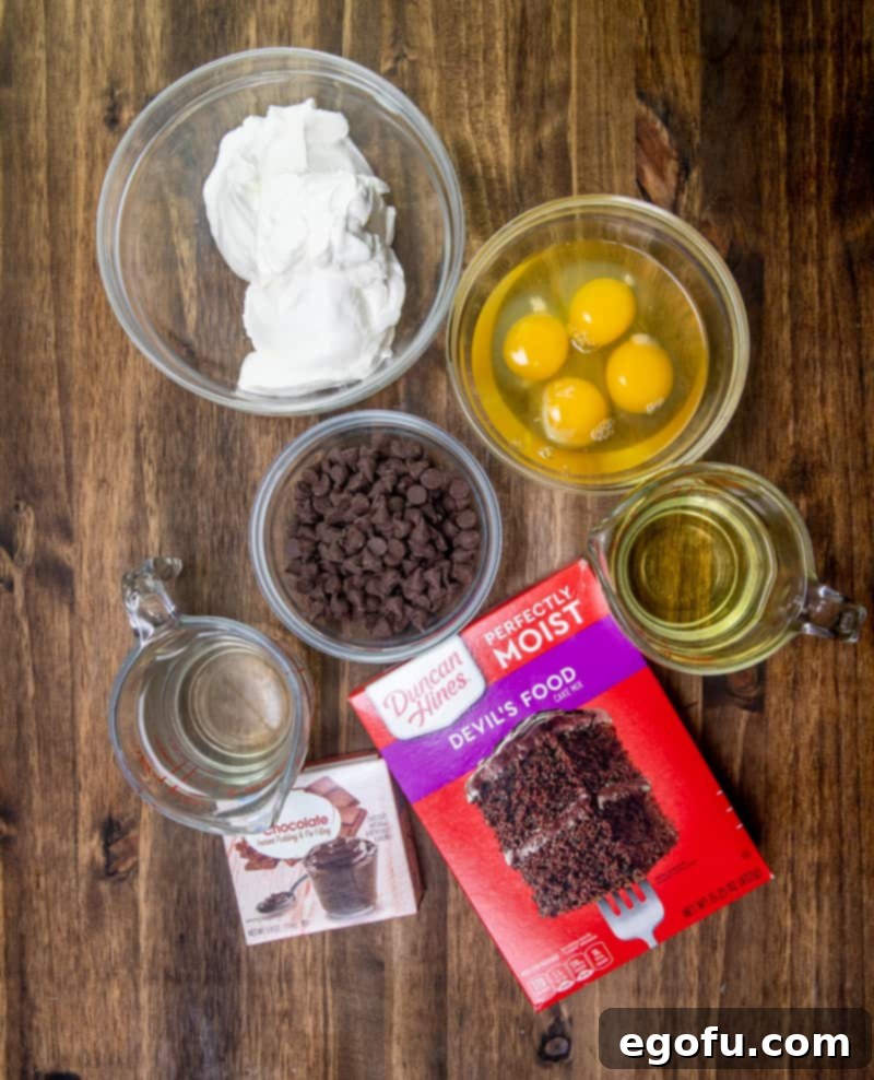 Decadent Slow Cooker Chocolate Pudding Cake 4 A flat lay photograph showcasing all the ingredients for Crock Pot Chocolate Spoon Cake: chocolate cake mix, sour cream, instant chocolate pudding mix, vegetable oil, fresh eggs, water, and a bowl of semi-sweet chocolate chips.
