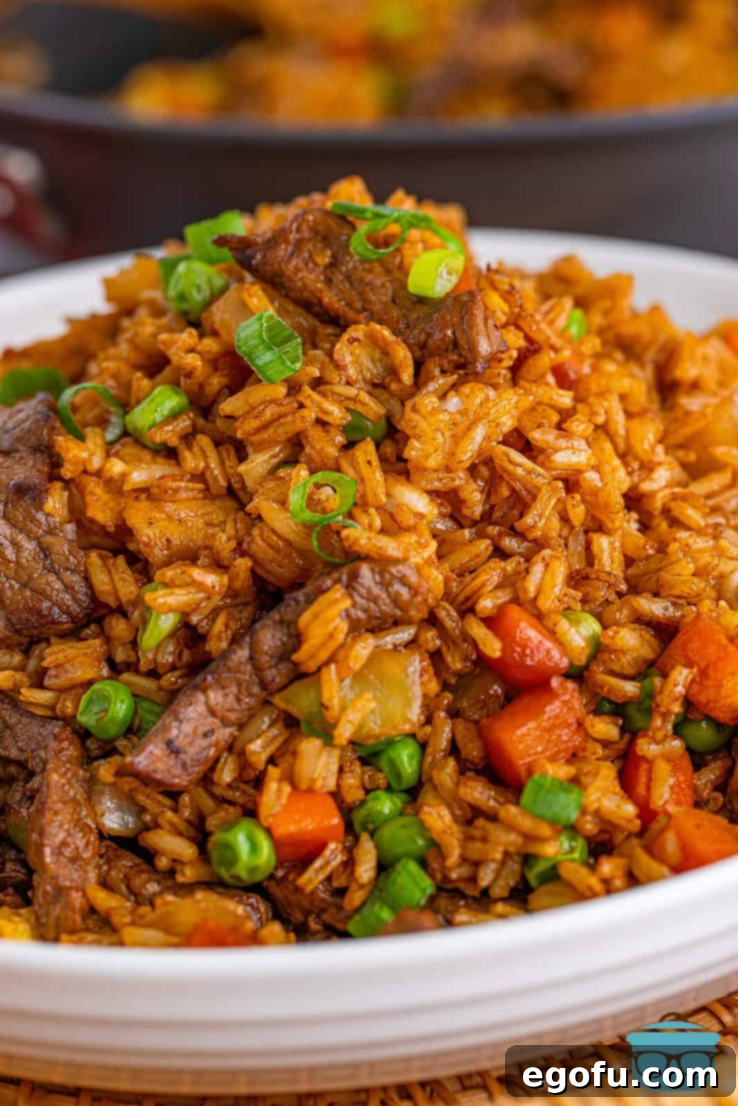 Sizzling Beef Fried Rice 2 Beef Fried Rice in white bowl topped with scallions.