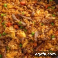 Sizzling Beef Fried Rice 12 Square image close up of Beef Fried Rice.