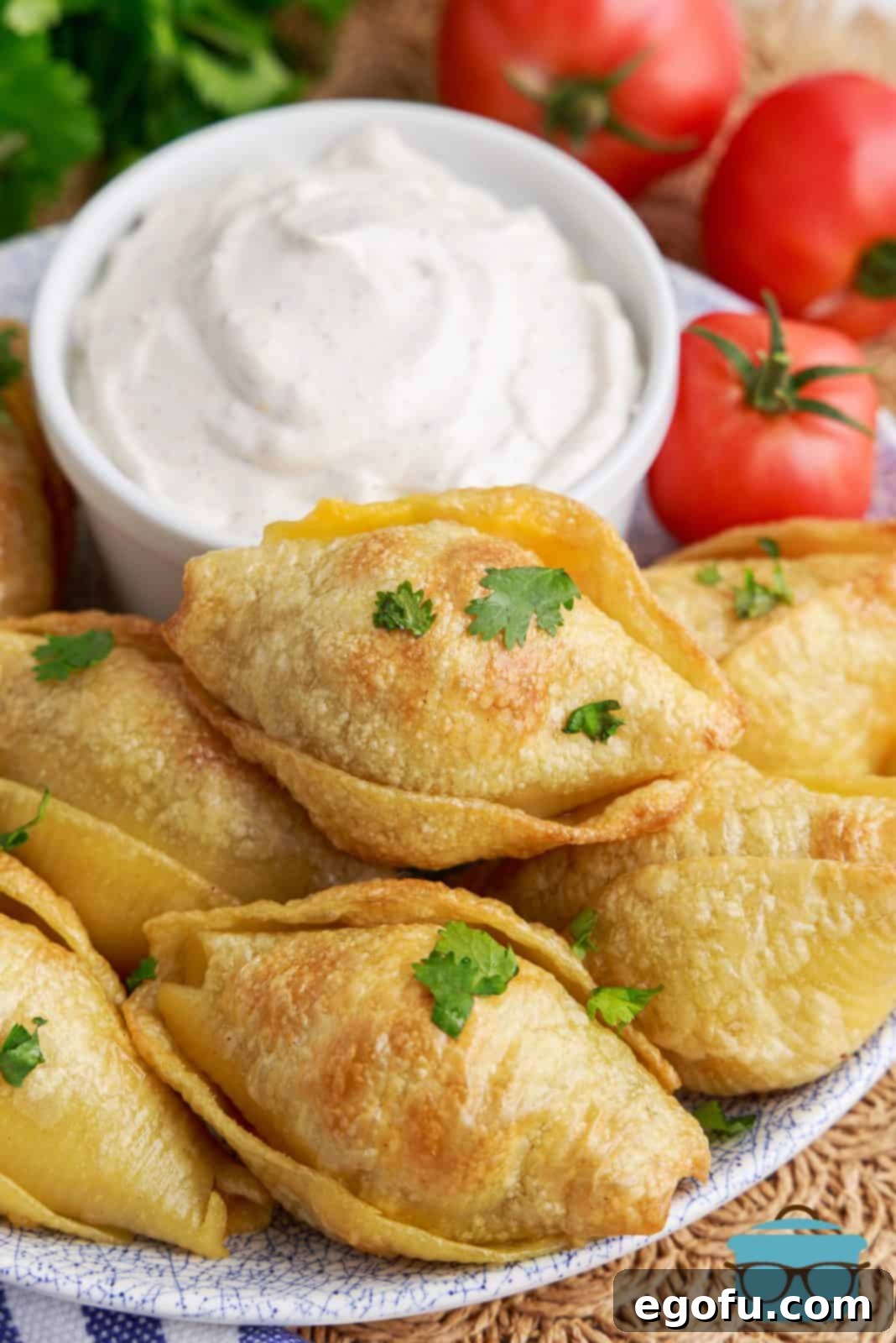 Crispy Air Fryer Taco Shells 2 Air Fryer Taco Stuffed Shells on plate with parsley and dipping sauce.