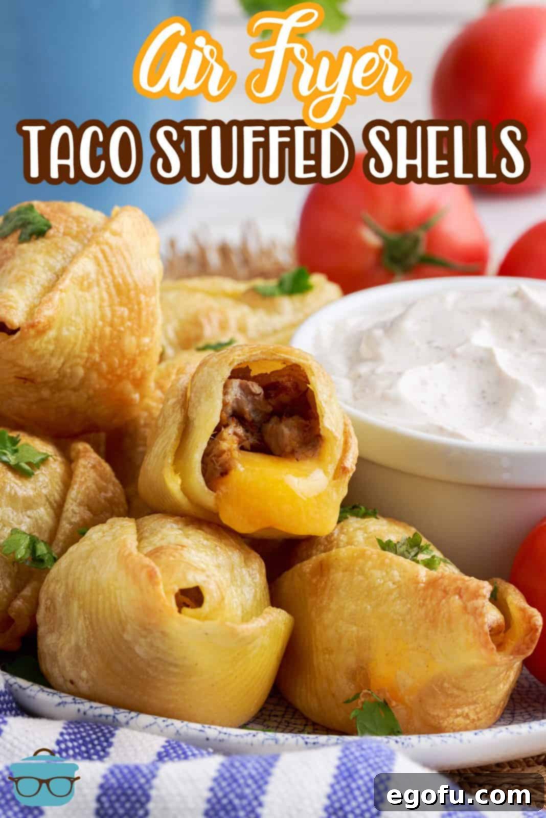Crispy Air Fryer Taco Shells 3 Pinterest image of Air Fryer Taco Stuffed Shells stacked on plate with one showing inside and cheese running out of it.