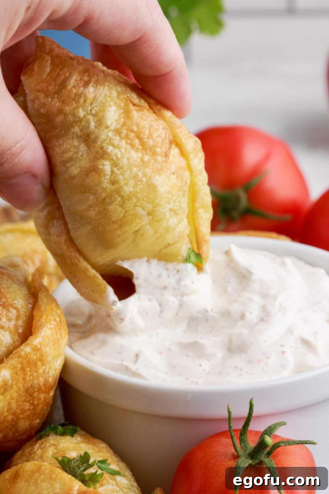 Crispy Air Fryer Taco Shells 10 Hand dipping one Air Fryer Taco Stuffed Shell into dipping sauce.
