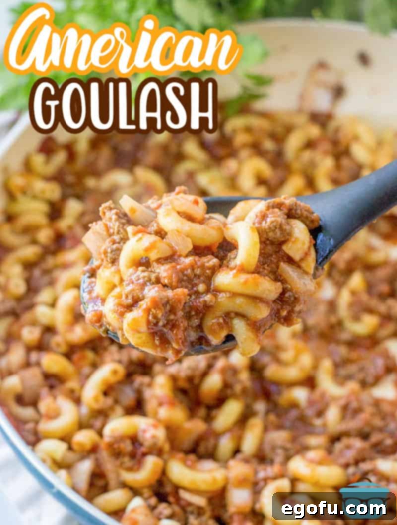 A spoon lifting a serving of American Goulash from a large pot, showcasing the rich sauce and macaroni.