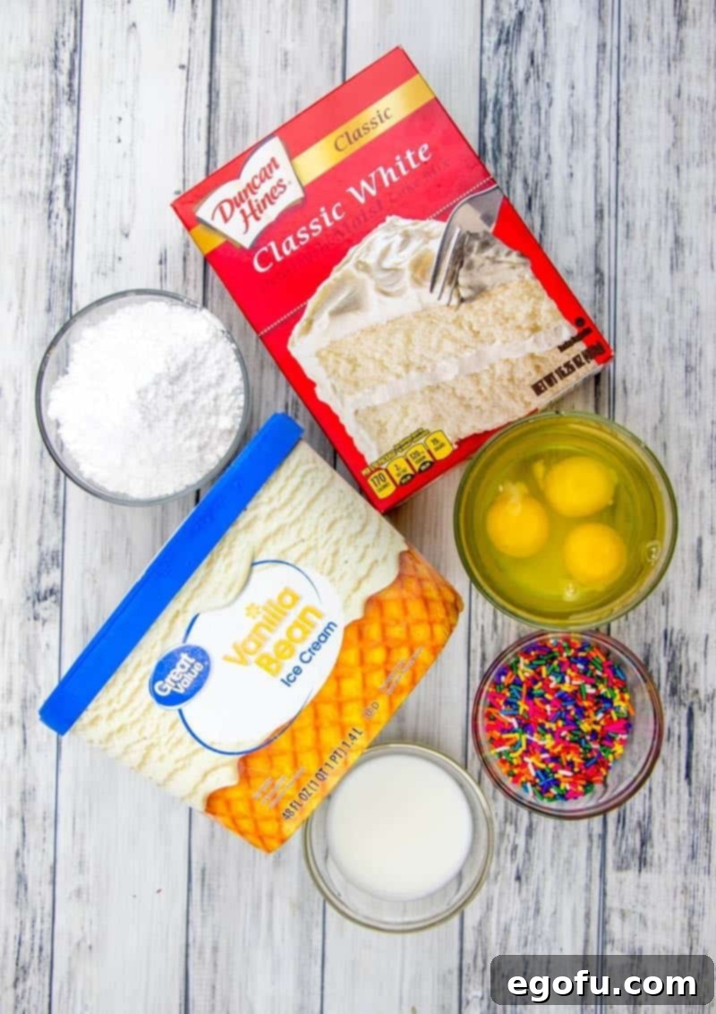 white cake mix, vanilla ice cream, eggs, powdered sugar, milk, sprinkles ingredients for Melted Ice Cream Cake.