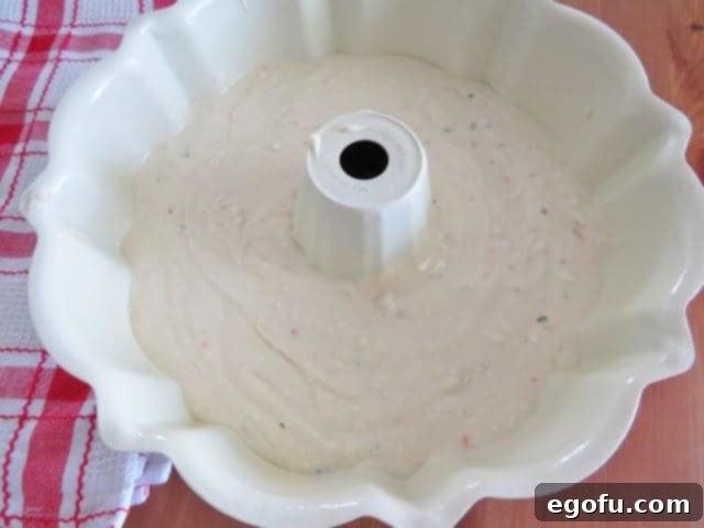 cake batter in bundt pan.