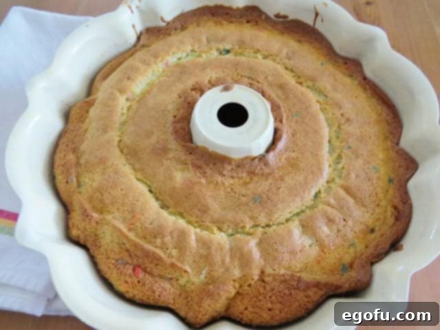 finished cake baked in a bundt pan.
