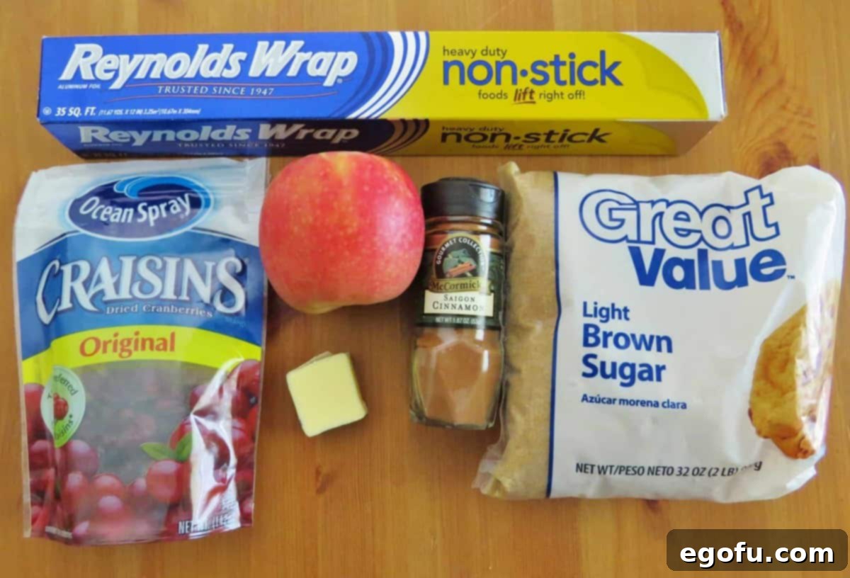 apple, butter, brown sugar, ground cinnamon, dried cranberries, chopped pecans.