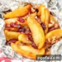 Sliced apples, cranberries, brown sugar, and pecans cooked in aluminum foil