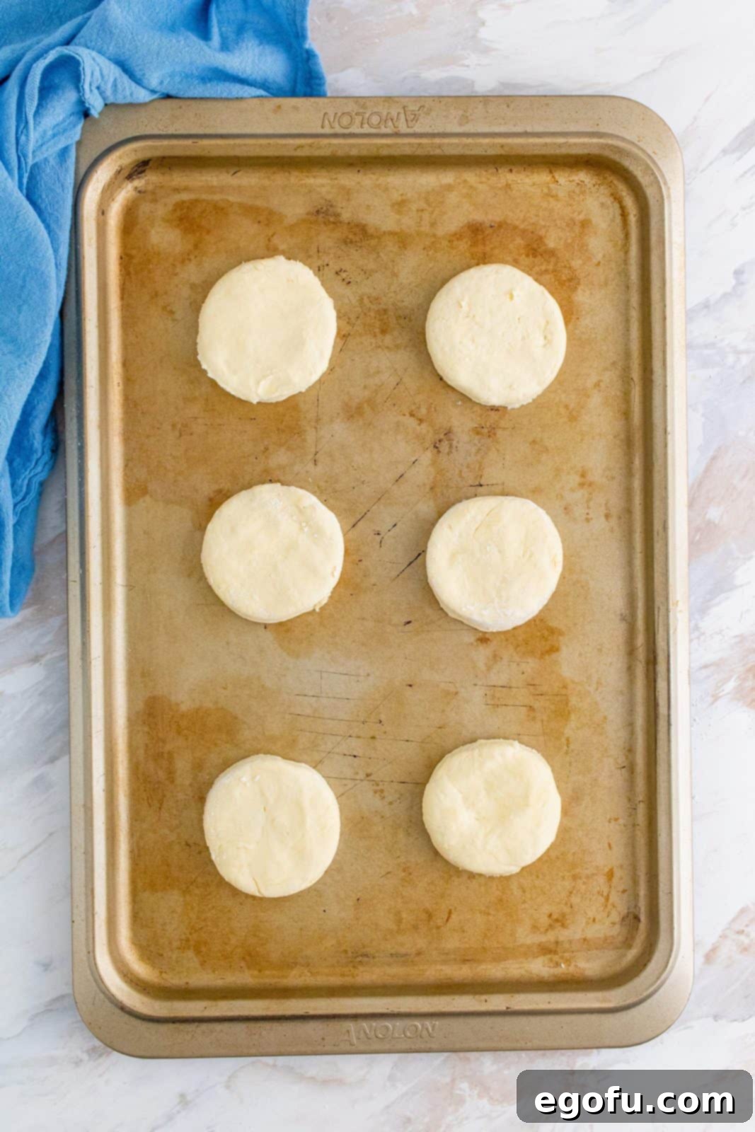 Six round biscuit dough circles arranged closely on a prepared cookie sheet.