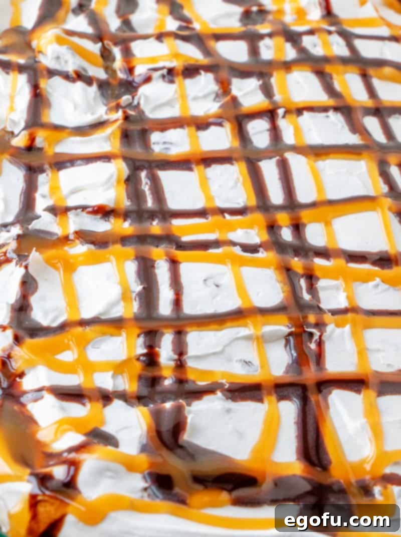 Chocolate and Caramel Sauce drizzled on cake.