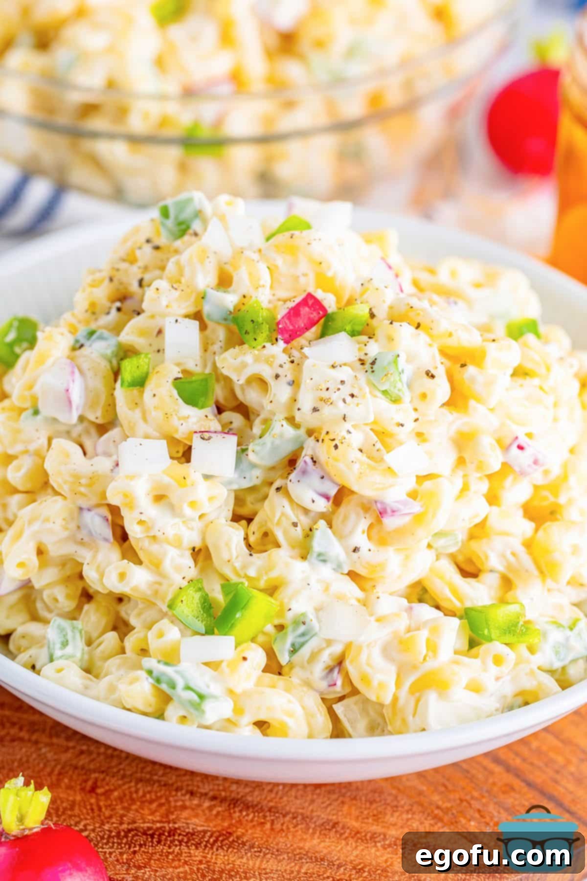 A large serving of Macaroni Salad. 