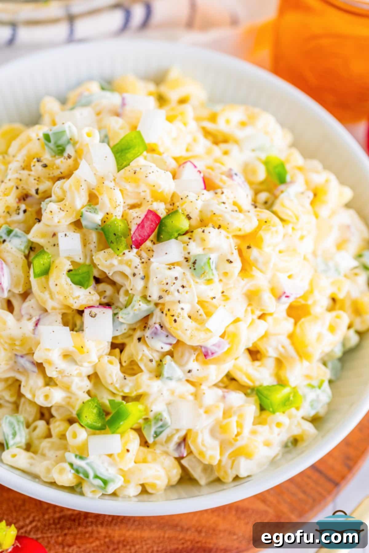 Looking down on a large serving or two of Macaroni Salad.