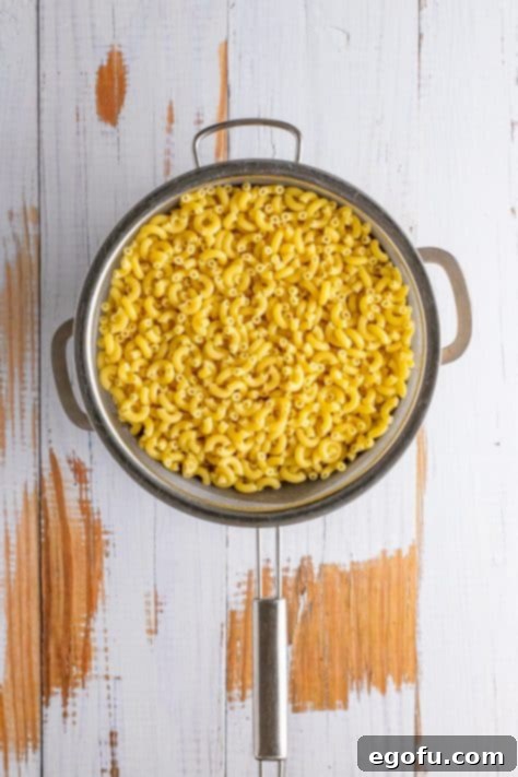 Macaroni pasta in a strainer.