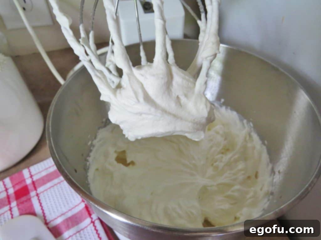 Granulated sugar and vanilla extract being carefully added to the fresh whipped cream in a stand mixer, as the whisk continues to create soft, airy peaks.