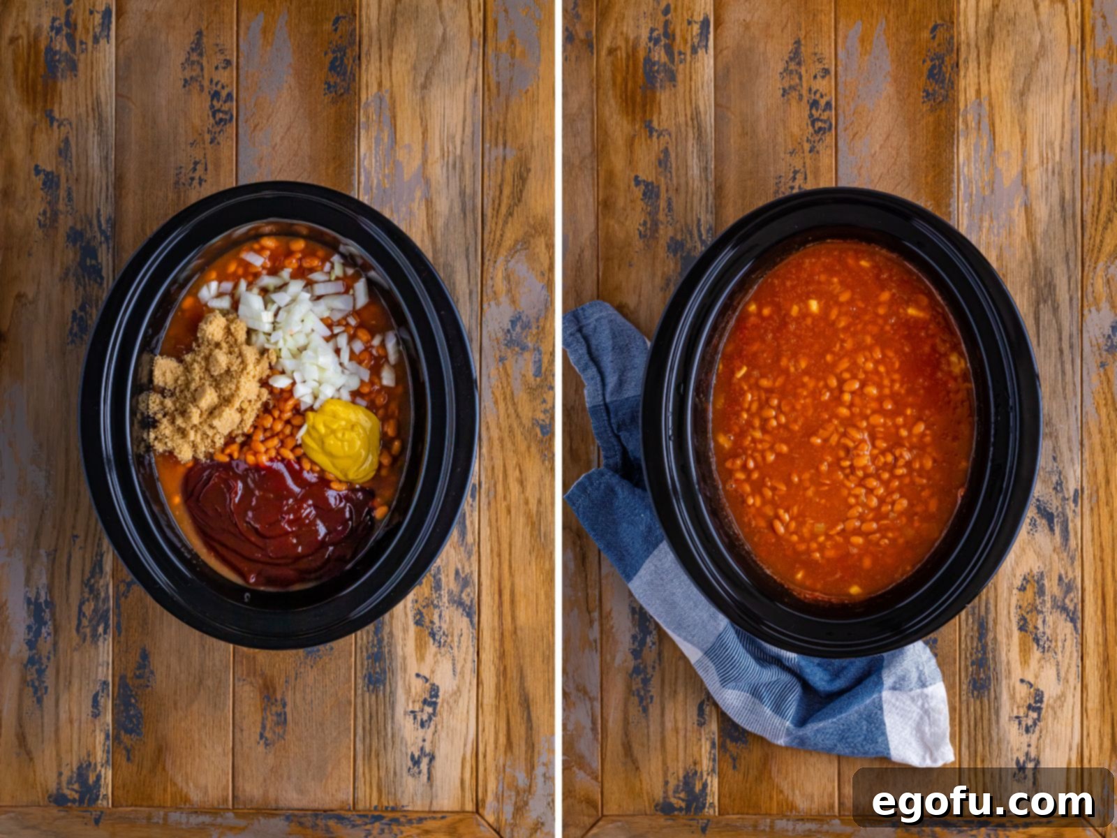 A slow cooker insert filled with a vibrant mix of undrained pork and beans, a spoonful of yellow mustard, brown sugar, and finely diced onion, waiting to be thoroughly stirred with BBQ sauce.